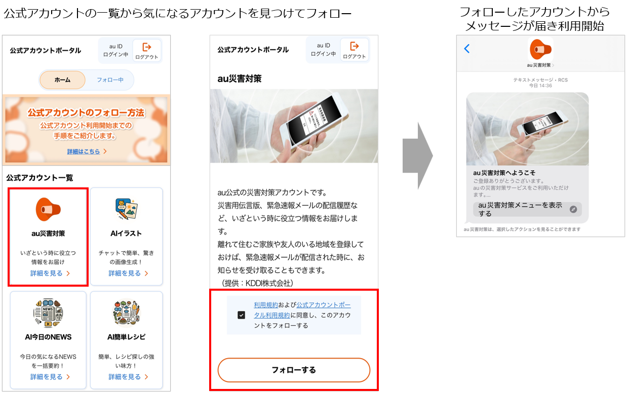 公式アカウントの一覧から気になるアカウントを見つけてフォロー→フォローしたアカウントからメッセージが届き利用開始